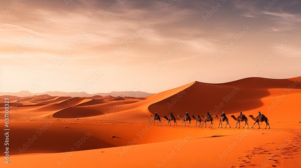  a group of people riding camels across a sandy desert.  generative ai