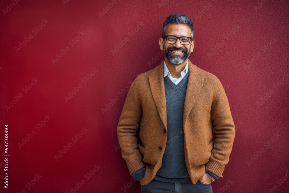 Obraz premium Portrait of smiling Indian man with eyeglasses against red background
