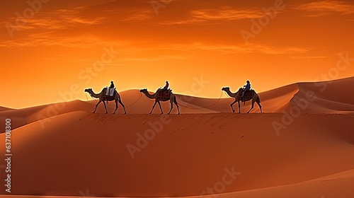 a group of people riding on the backs of camels. generative ai
