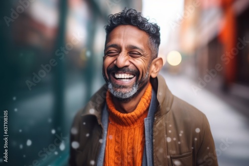 Portrait of a smiling Indian man walking in the street with snow falling