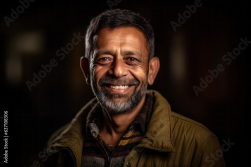 Portrait of a handsome Indian man smiling in the city at night