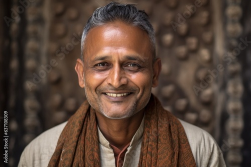 Portrait of a smiling Indian man with brown shawl.