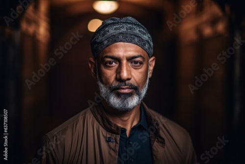 Portrait of a bearded Indian man wearing a turban and a brown shirt