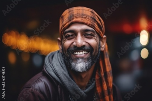 Portrait of a smiling bearded Indian man wearing a headscarf.