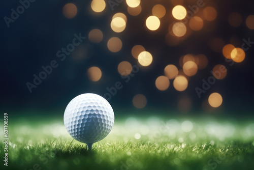 Serene scene captures a golf ball resting on lush green grass, with sun rays reflecting on the tee, set against a backdrop of a beautiful sunny evening. Ideal for golfing, outdoor leisure.