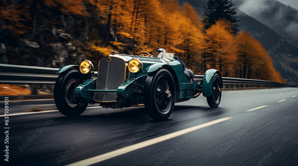 Vintage car on wet highway in autumn - AI Generated - obrazy, fototapety, plakaty 