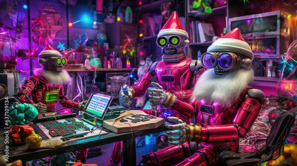 In a fusion of tech and tradition, robots embrace the Christmas spirit, donning Santa outfits and spreading festive joy. (Created Using Generative AI Tools)