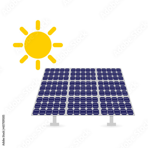Solar panel with sun. Ecological, renewable, green energy, eco friendly, sustainable electricity resources, alternative power generation concept. Vector illustration isolated on white background