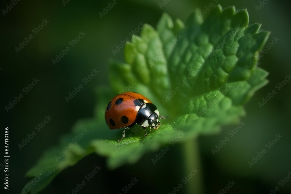 A ladybug perched on a vibrant green leaf A ladybug perched on a vibrant green leaf