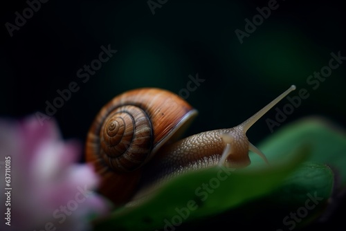 A snail on a leaf, showcasing the intricate details of its shell and the vibrant colors of the surrounding nature