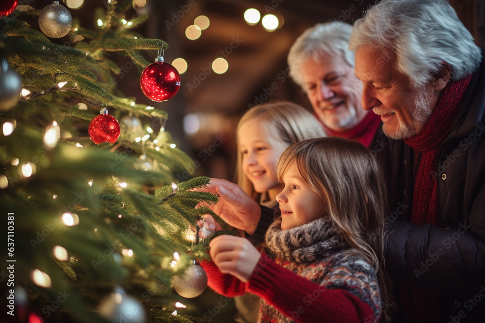 Grandparents and Grandchildren Decorating the Christmas Tree Together , Christmas Grandparents and Grandchildren Decorating the Christmas Tree Together , Christmas