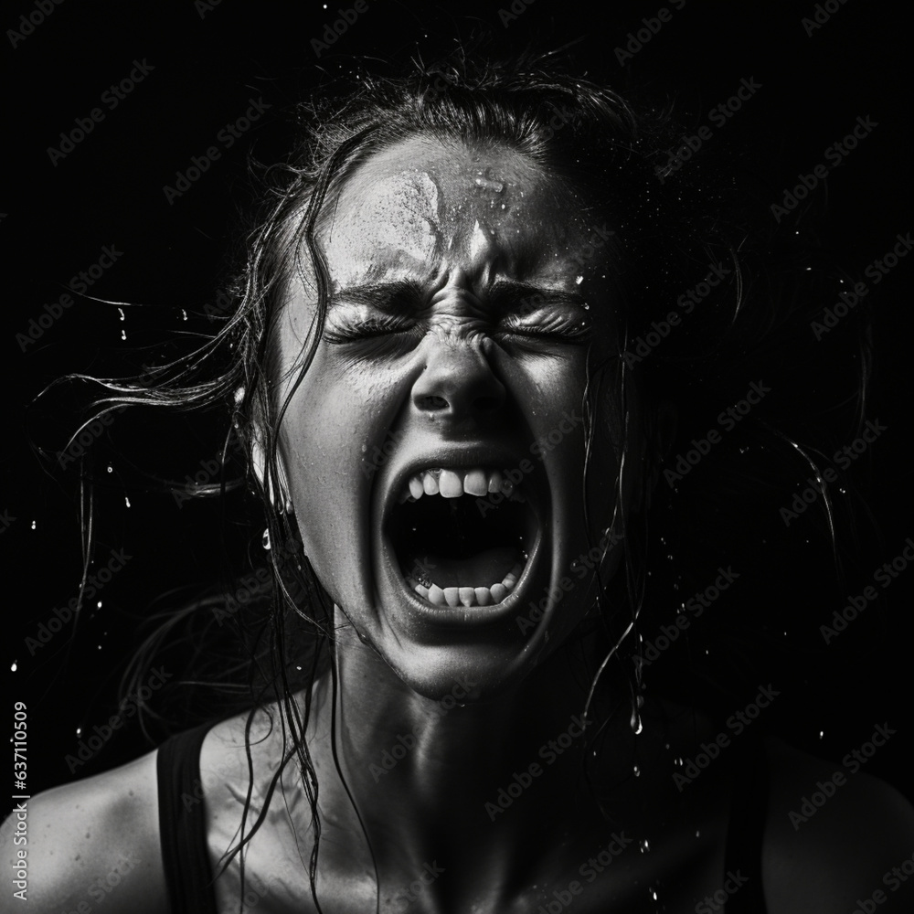 krzycząca kobieta, zdjęcie biało czarne. - obrazy, fototapety, plakaty 