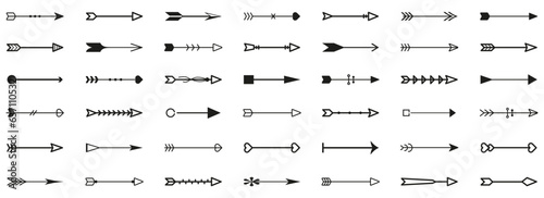 Vintage arrow icon element collection for design. Set of black arrow icons. Retro bow arrow element for decoration