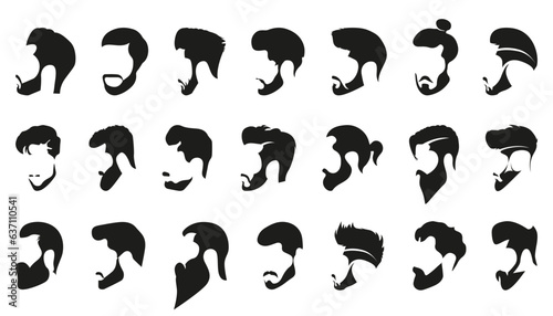 Man beard and haircut emblems icons collection for barbershop. Set of hipster hair style and beards style. Barbershop and haircut style collection