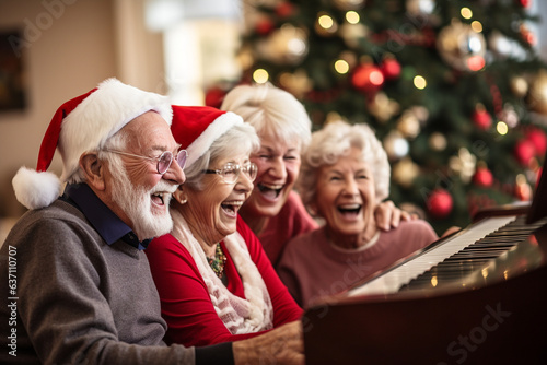 Elderly Friends Gathering Around a Piano for a Christmas Sing-Along , Christmas