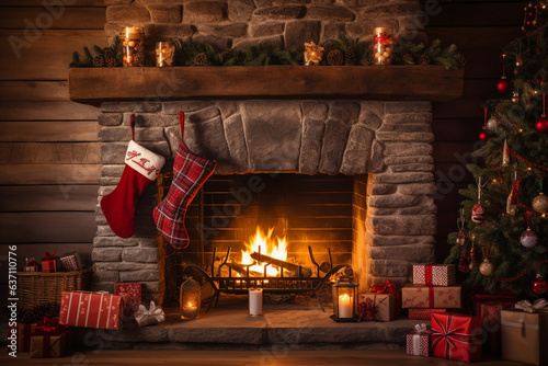 Cozy Living Room with Fireplace and Stockings, Ready for Christmas Eve , Christmas Eve 