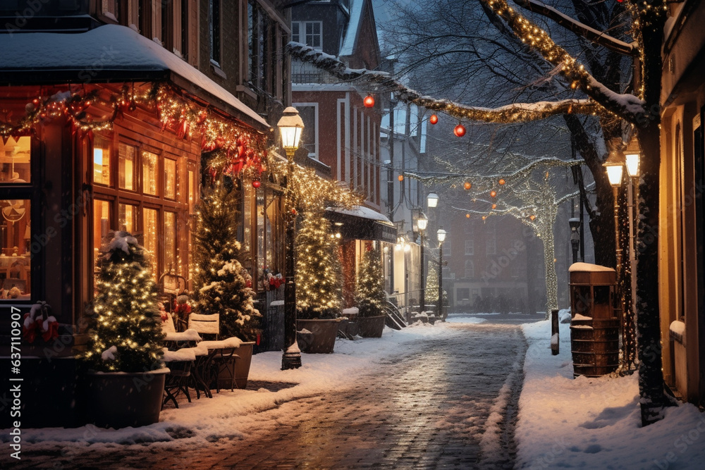 Quiet Streets Decorated with Twinkling Lights and Snowfall on Christmas Eve , Christmas Eve  