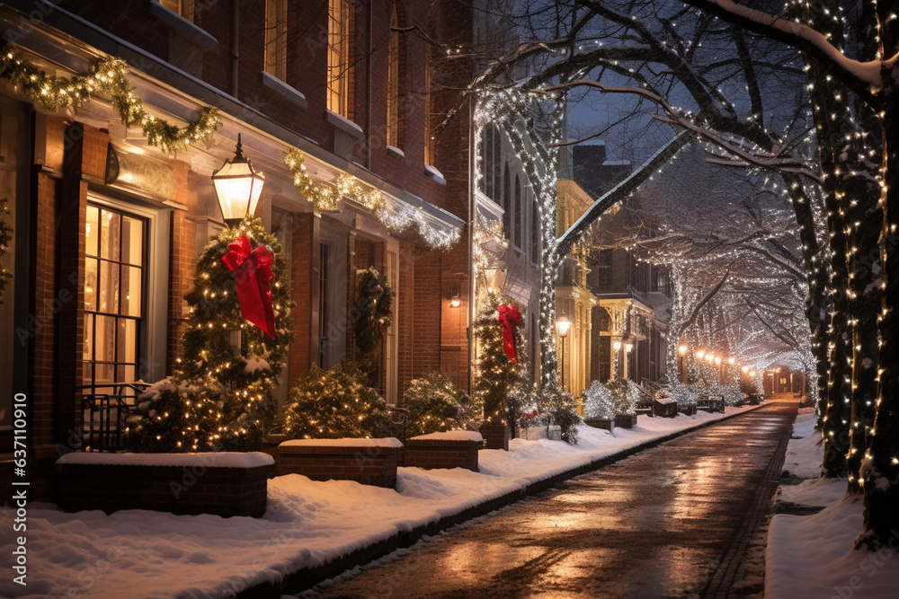 Quiet Streets Decorated with Twinkling Lights and Snowfall on Christmas Eve , Christmas Eve Quiet Streets Decorated with Twinkling Lights and Snowfall on Christmas Eve , Christmas Eve