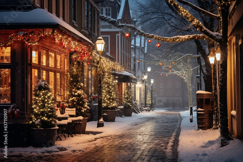 Quiet Streets Decorated with Twinkling Lights and Snowfall on Christmas Eve , Christmas Eve 