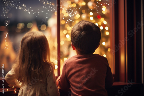 Children Gazing Out the Window, Looking for Signs of Santa's Arrival , Christmas Eve  