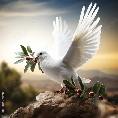 Global peace concept, a white dove holding an olive branch photo