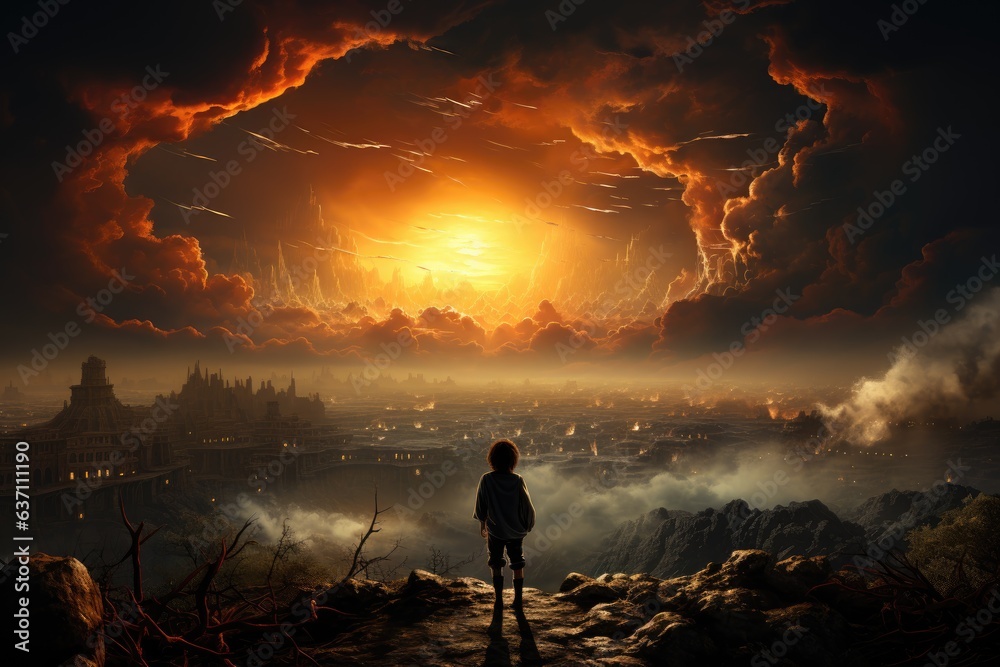 A young child standing on a shore, gazing at a massive hurricane swirling on the horizon, symbolizing the urgent impact of climate change on the next generation, created with generative ai