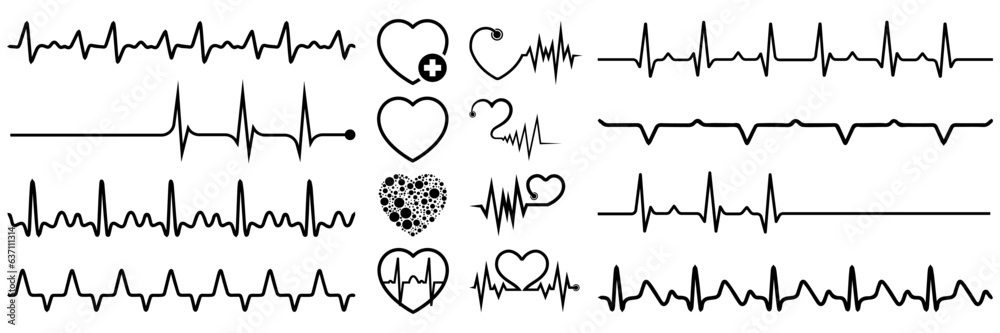 Heartbeat icon collection. Set of black cardiology pulse icons ...