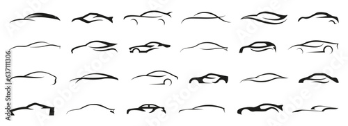 Car line logo collection. Set of black car logotype for vehicle company, auto service, transportation. Abstract car showroom logo collection