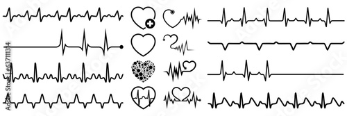 Heartbeat icon collection. Set of black cardiology pulse icons. Heartbeat icons in black. Medical heartbeat symbol collection