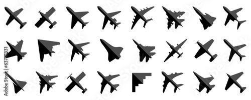 Black airplane icon collection. Set of black plane silhouette icon. Aircraft, plane, airplane, jet icon collection