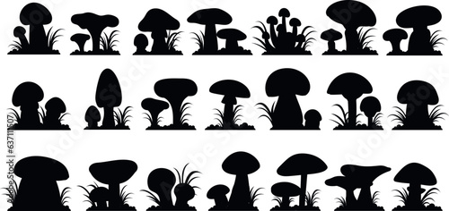 Black mushroom silhouettes, fungus in grass icons. Forest mushrooms graphic elements, decorative stickers. Nature organic vegan food, decent vector set