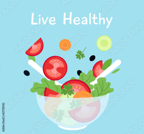 Diet food poster with vegetables salad bowl and cutlery. Vegetarian healthy lunch or dinner. Tomatoes, cucumber cut and green, decent vector card
