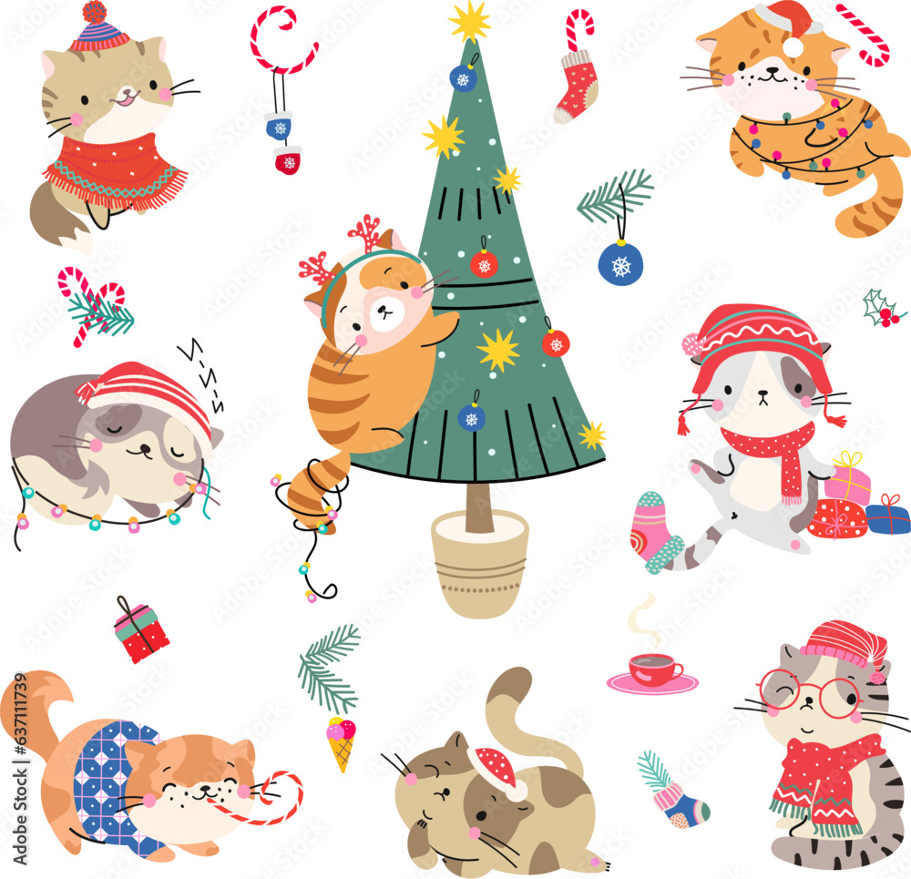 Cartoon christmas kitten, happy holiday cats in xmas outfits. Funny cute pets in ornamental scarf and sweaters. Isolated nowaday winter vector animals