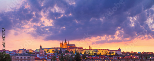 Cityscape at sunset, panorama, banner - view of the historical district of Hradcany with the castle complex Prague Castle, Prague, Czech Republic
