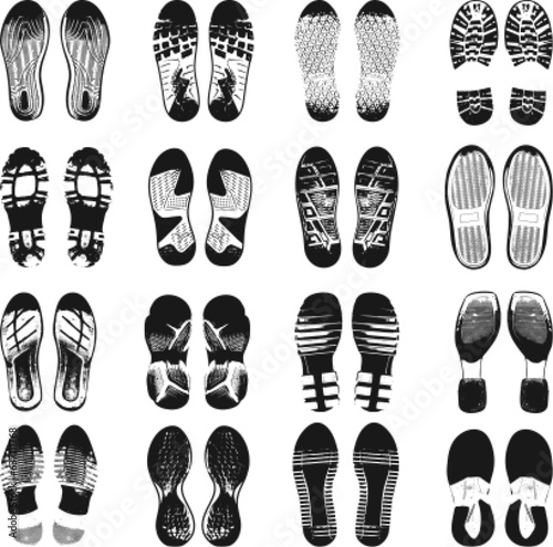 Human foot steps barefoot and in shoes. Black dirty footprints silhouettes, boot and sneakers print. Isolated footstep icons neoteric vector set