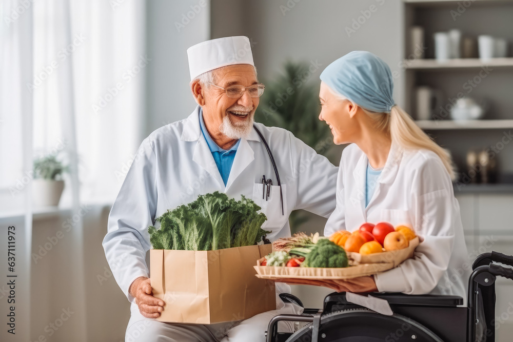Side view portrait of smiling senior on a wheelchair getting help with daily tasks Side view portrait of smiling senior on a wheelchair getting help with daily tasks
