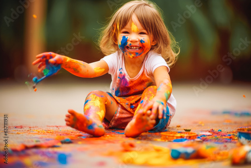 Little adorable girl playing with colors and making a mess while having fun, messy kids play