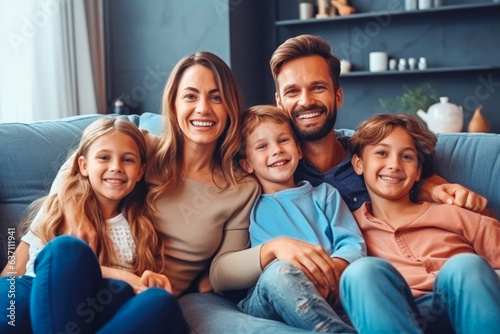 Portrait of young happy family smiling on couch in their house  family picture.
