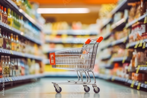 Shot of shopping card inside supermarket aisle with products on shelves, shopping advertisement