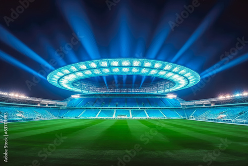 Shot of a stadium with football field at night with blue light tone, aesthetically pleasing