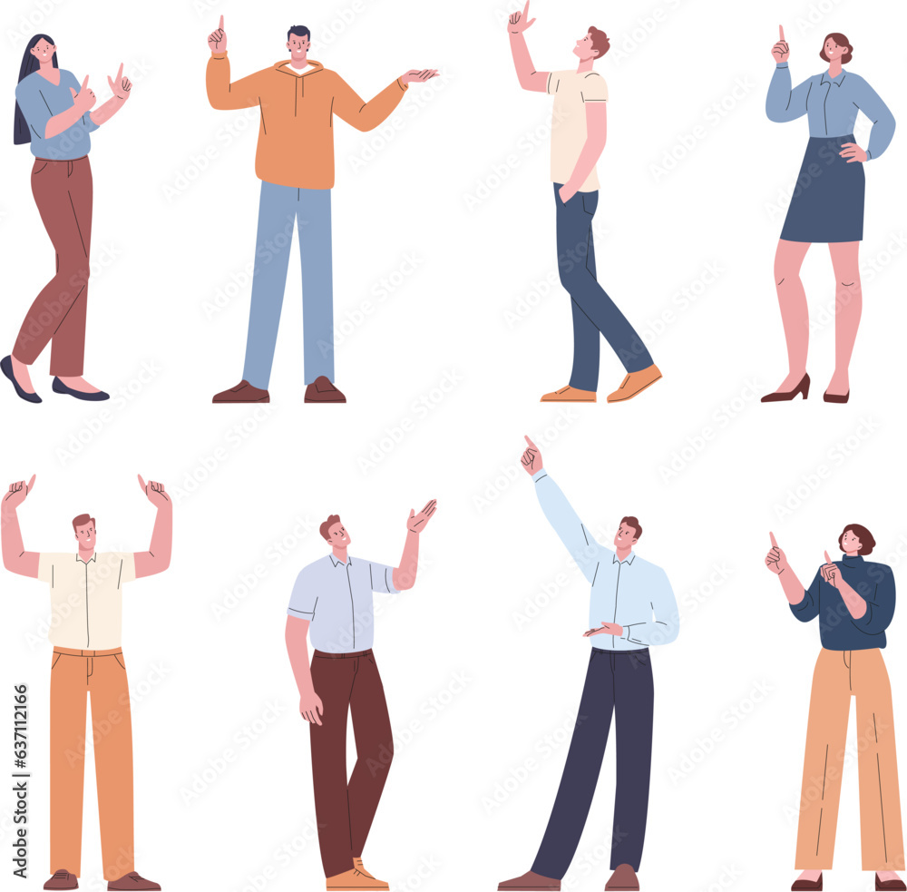 People pointing up. Casual person looking in sky, business characters point finger. Women men positive expressions, human aim kicky vector set