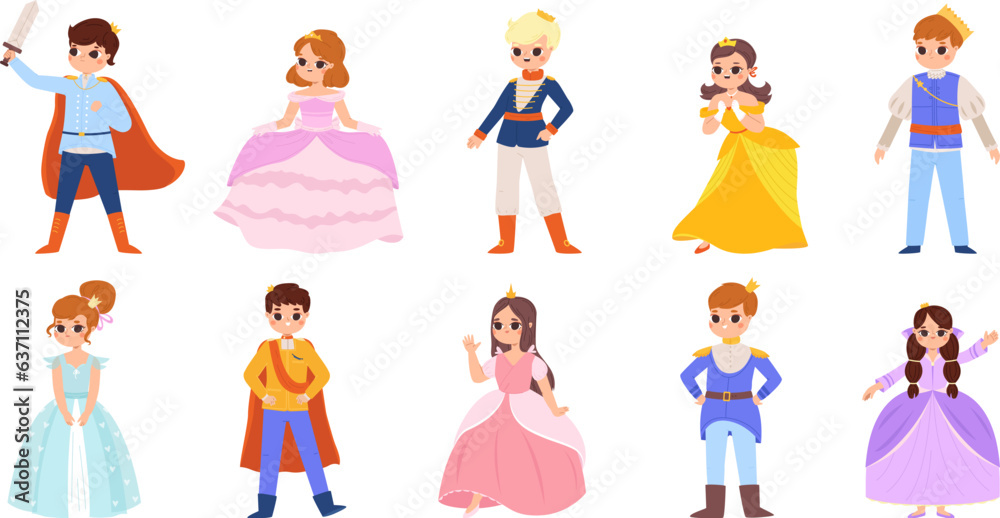 Princess and prince, little lady and knight. Magic world children characters, girls and boys in costume and dress. Fairytale snugly vector clipart