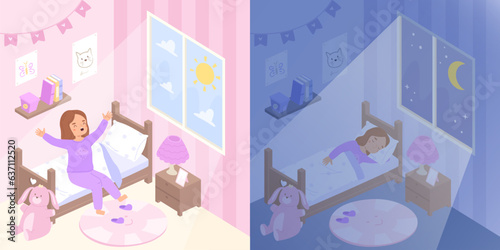 Girl sleep and wake up. Early morning and night dream. Little kid in bed, relax and healthy daily schedule. Cute cartoon child in bedroom snugly vector scene