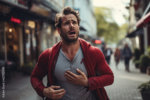 Young athletic man suffers a heart attack while jogging in the street. Concept of health, sport and youth.