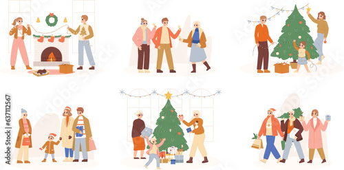 Friends christmas prepare, family winter holiday together. Giving gifts and xmas tree decorate with child, buy presents snugly vector scenes
