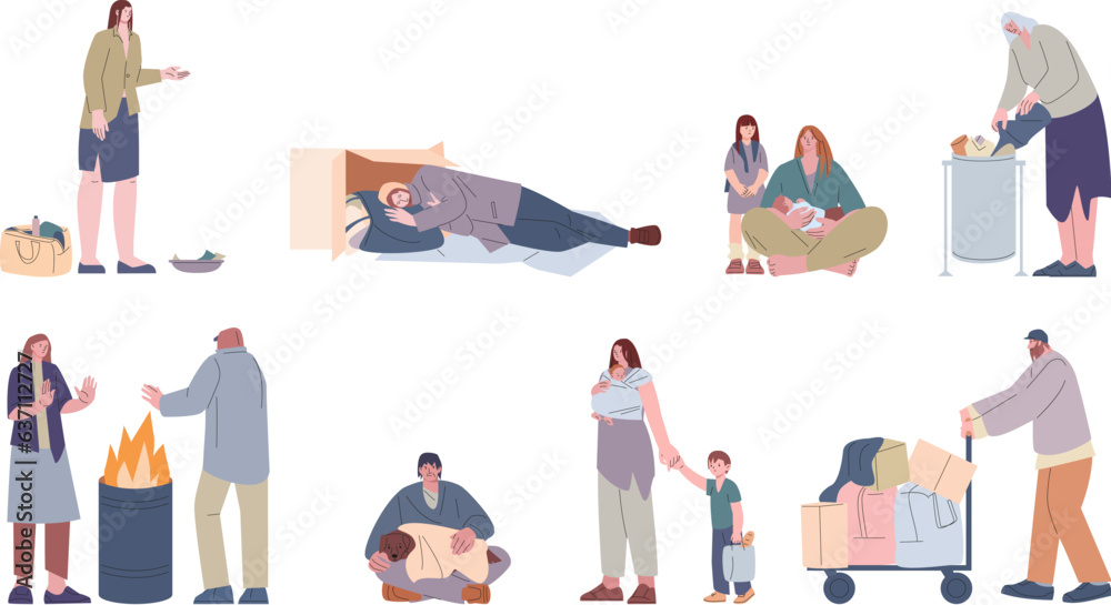Obraz premium Homeless adult people, poor women and men. Poverty, unemployed and refugees. Person life on street, beggar and social isolation kicky vector scenes
