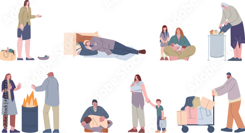 Homeless adult people, poor women and men. Poverty, unemployed and refugees. Person life on street, beggar and social isolation kicky vector scenes