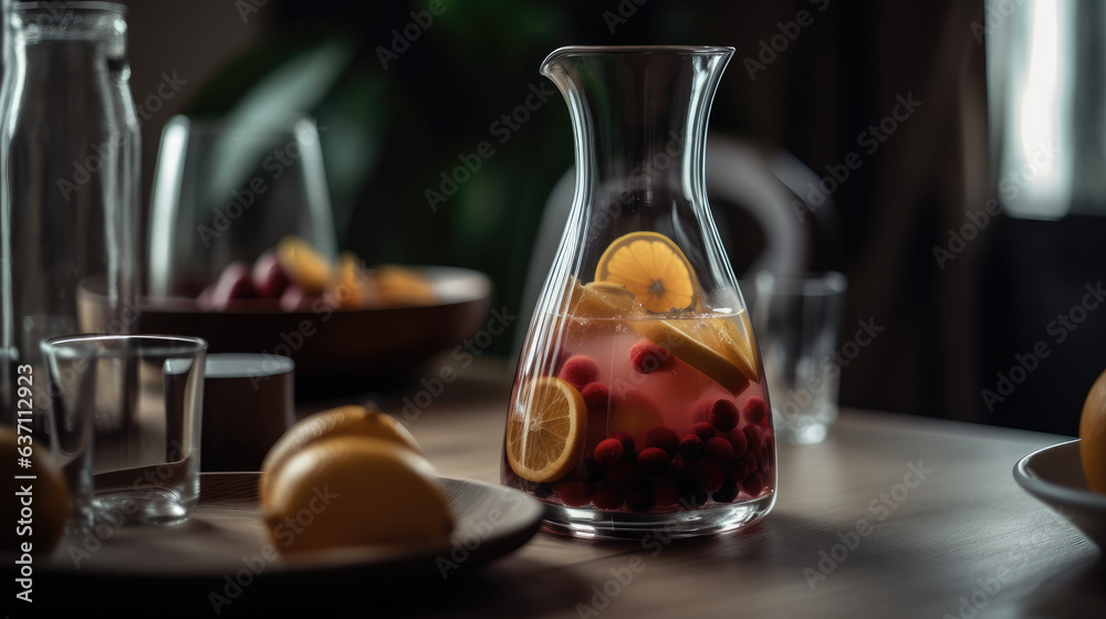 freshly made juice in a carafe with sliced fruits. freshly made juice in a carafe with sliced fruits.
