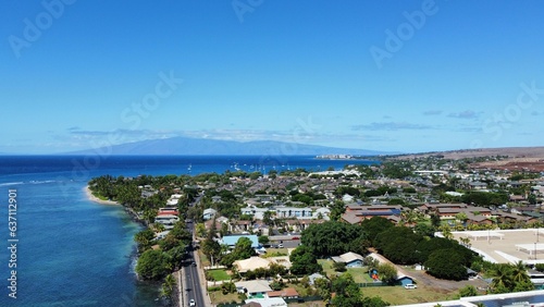 Aerial view of buildings on the green coastline against ocean waves