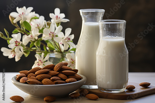Natural white Almond milk in a glass and a bottle on a table. Many almonds nuts. 